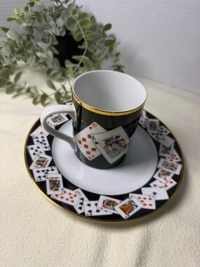 Tiffany & Co Porcelain Espresso/Tea cup & desert plate Playing Cards Black Gold